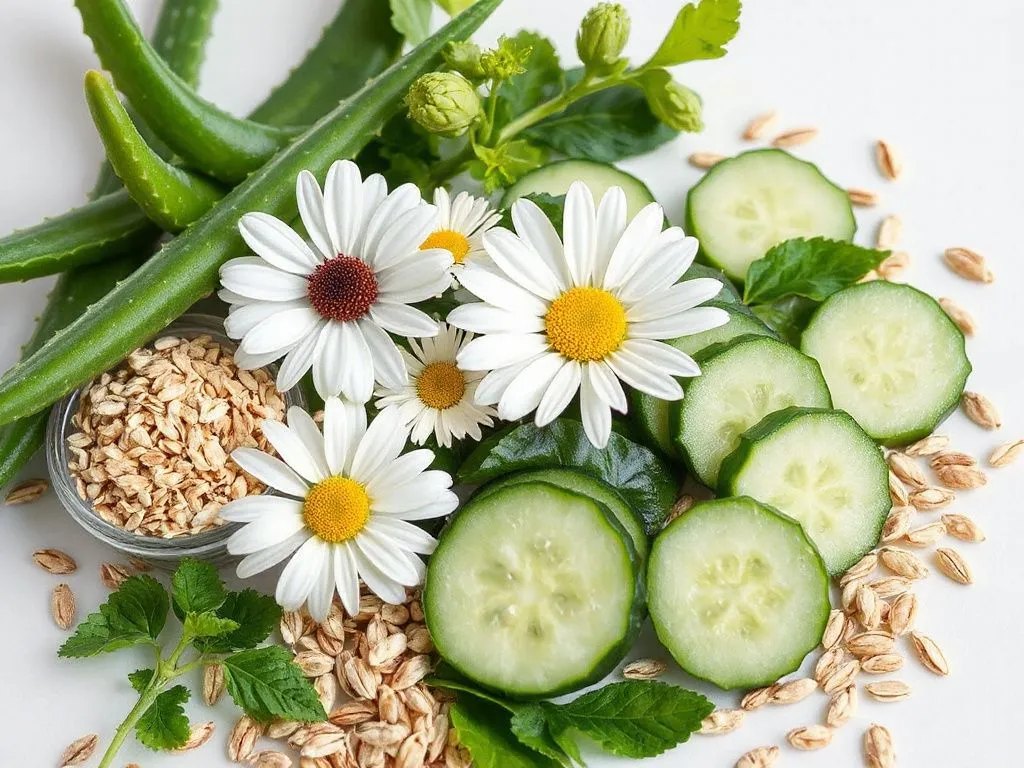 High-quality image of a variety of natural ingredients like aloe vera, chamomile, oats, and cucumber used in gentle hair removal creams, vibrant colors, photorealistic style