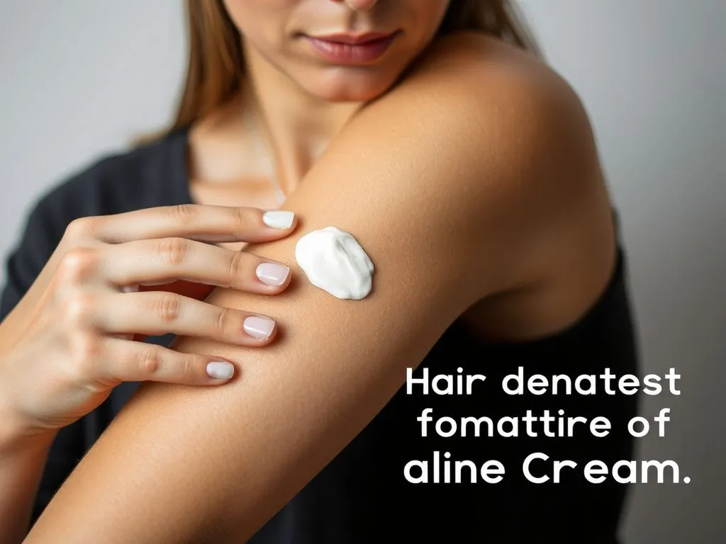 Image of a person conducting a patch test for sensitivity before using hair removal cream, focusing on the arm with a small area of cream applied, professional lighting