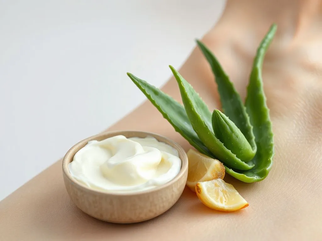 Photorealistic image of soothing aloe vera and shea butter used in sensitive skin products post hair removal, focusing on calm and silky skin, professional style