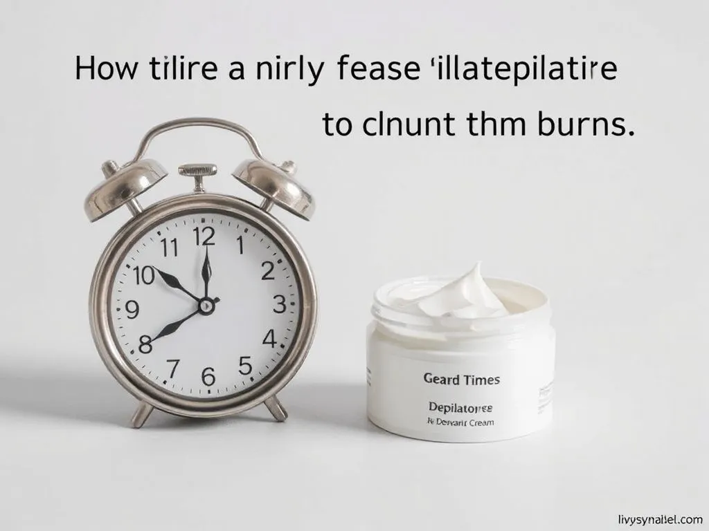 Visual depiction of using a timer while applying depilatory cream to prevent burns, showing a clock next to a container of cream, minimalist style, clean background