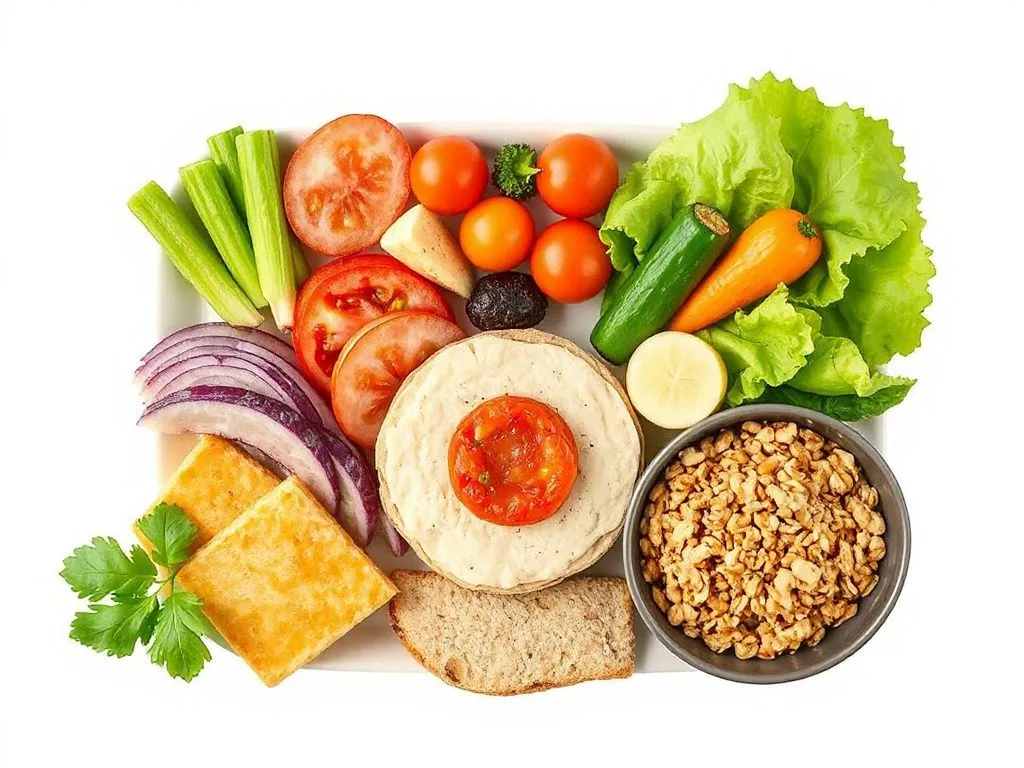 Balanced meal consisting of vegetables, proteins, and grains, top view, healthy eating habits, photorealistic, clean background Balanced meal consisting of vegetables, proteins, and grains, top view, healthy eating habits, photorealistic, clean background