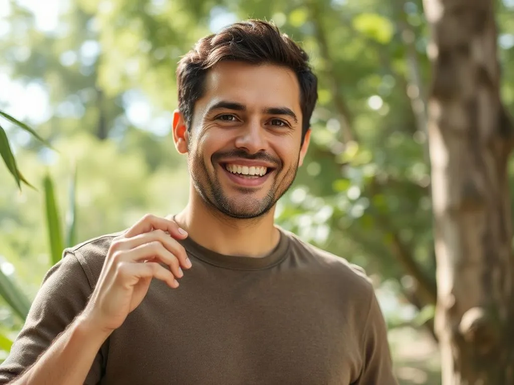 Man experiencing improved health and energy levels after using weight loss capsules, smiling, photorealistic, vibrant, natural surroundings Man experiencing improved health and energy levels after using weight loss capsules, smiling, photorealistic, vibrant, natural surroundings