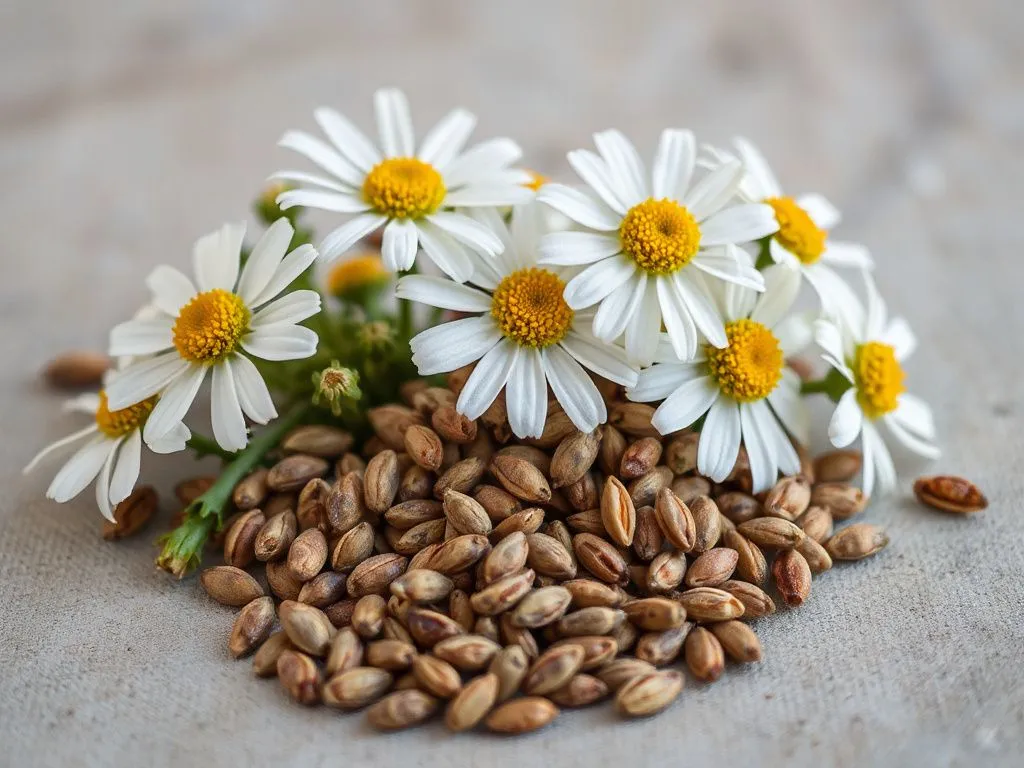 Chamomile flowers and fennel seeds, displayed in a calming and harmonious setting, detailed, professional photography style, botanical arrangement