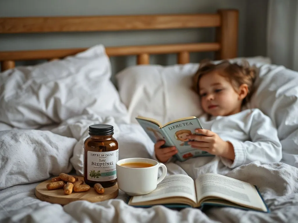 Children's bedtime routine incorporating safe botanical supplements, showing a cozy setting with herbal tea and a bedtime storybook, natural and warm lighting