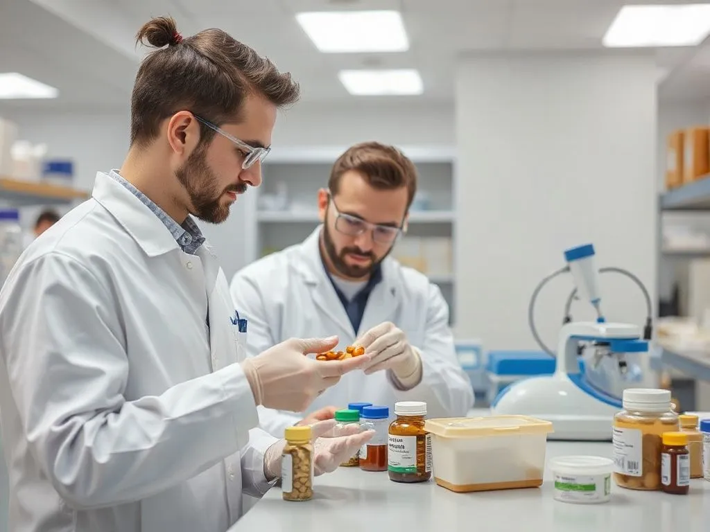 Image showcasing a quality control lab for natural supplements, with scientists inspecting products, emphasizing GMP and ISO standards, clean laboratory environment