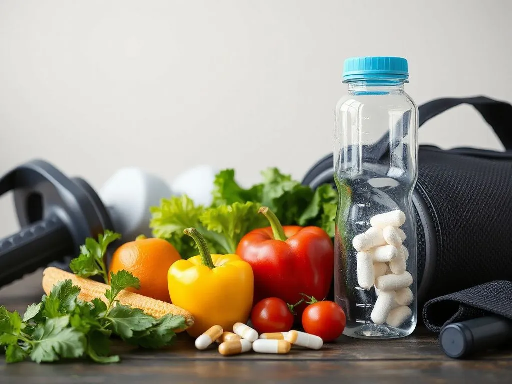 Active lifestyle elements such as exercise equipment, fresh vegetables, and water bottle depicting a balanced lifestyle combined with supplements Active lifestyle elements such as exercise equipment, fresh vegetables, and water bottle depicting a balanced lifestyle combined with supplements