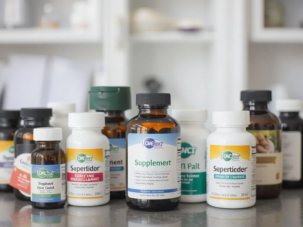 Assorted supplement bottles and packages with labels indicating safety and quality standards, professional setting Assorted supplement bottles and packages with labels indicating safety and quality standards, professional setting