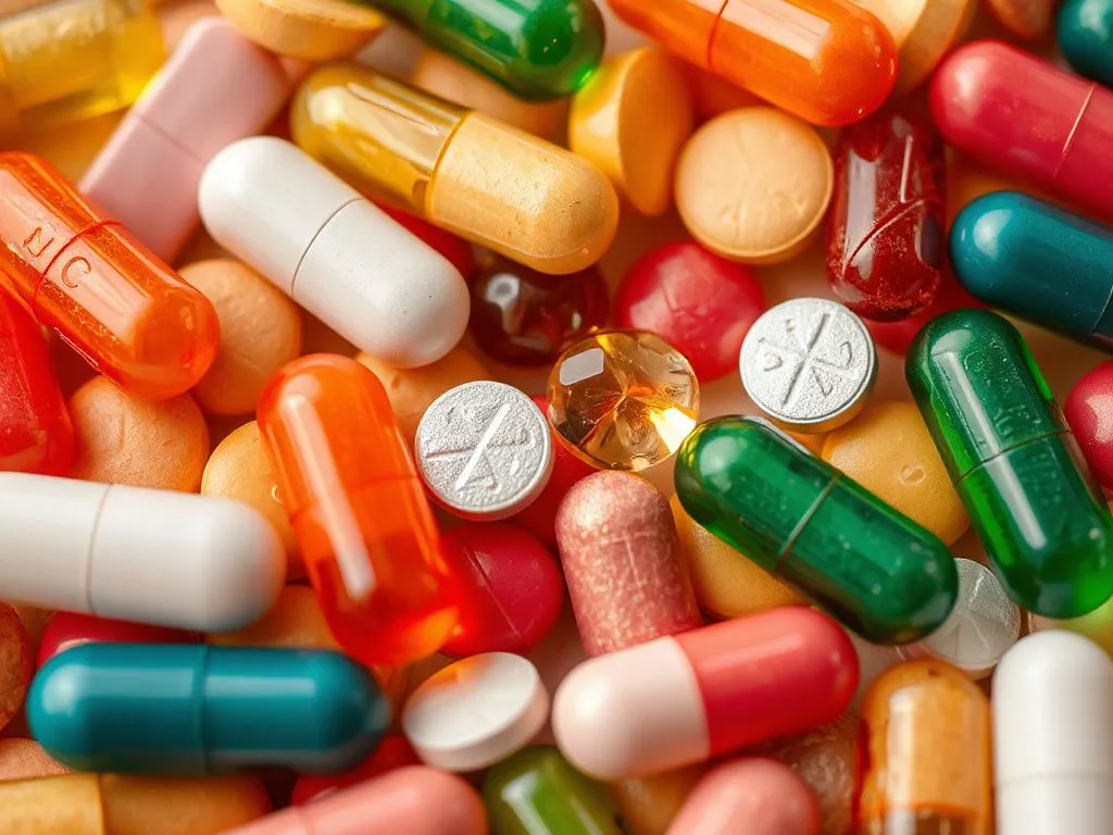 Close-up of colorful vitamin tablets and capsules, illustrating Vitamin C, E, selenium, and zinc, detailed photography Close-up of colorful vitamin tablets and capsules, illustrating Vitamin C, E, selenium, and zinc, detailed photography