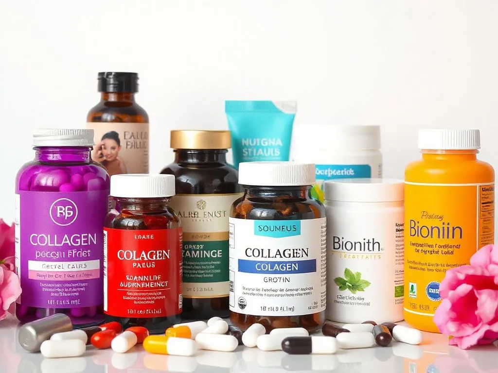 A variety of beauty supplements including collagen and biotin in an elegant arrangement, focus on packaging and appearance, photorealistic A variety of beauty supplements including collagen and biotin in an elegant arrangement, focus on packaging and appearance, photorealistic