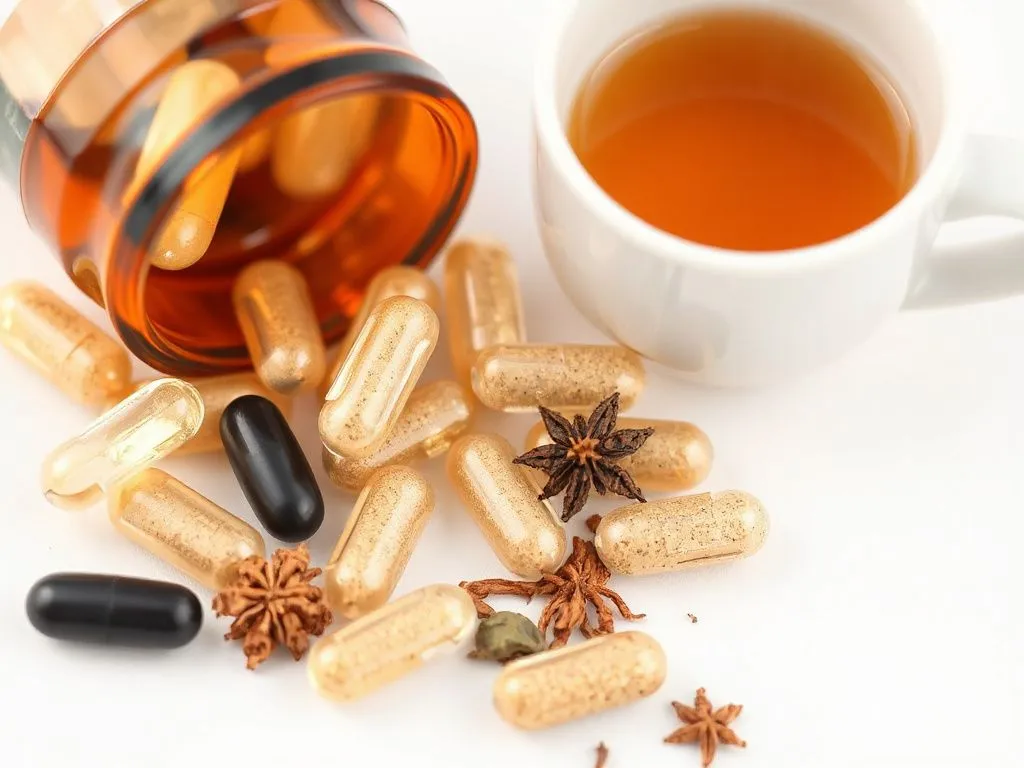 Close-up of natural dietary capsules and detox tea, highlighting the ingredients that support metabolism and appetite control, aligned with global health trends. Close-up of natural dietary capsules and detox tea, highlighting the ingredients that support metabolism and appetite control, aligned with global health trends.