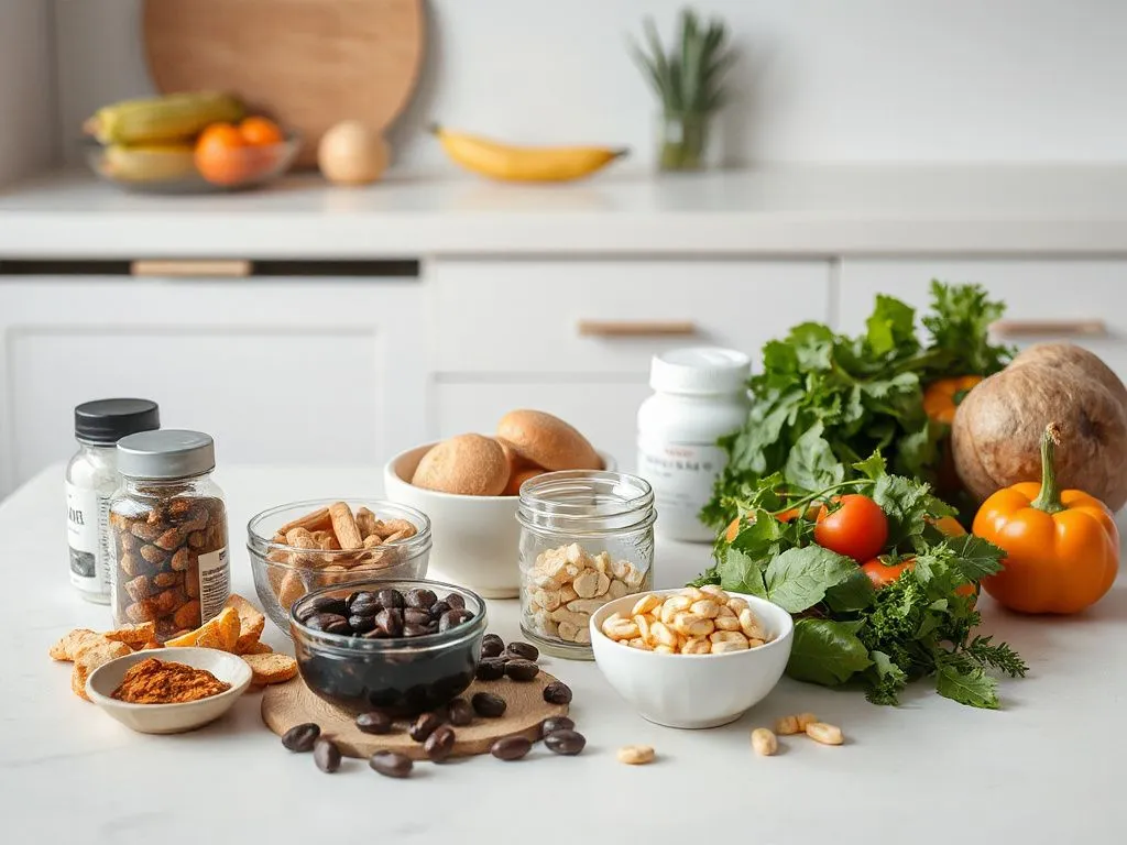 A modern lifestyle scene with natural dietary supplements and fresh ingredients on a clean table, representing global trends in weight loss, such as Mediterranean diets and mindful eating. A modern lifestyle scene with natural dietary supplements and fresh ingredients on a clean table, representing global trends in weight loss, such as Mediterranean diets and mindful eating.