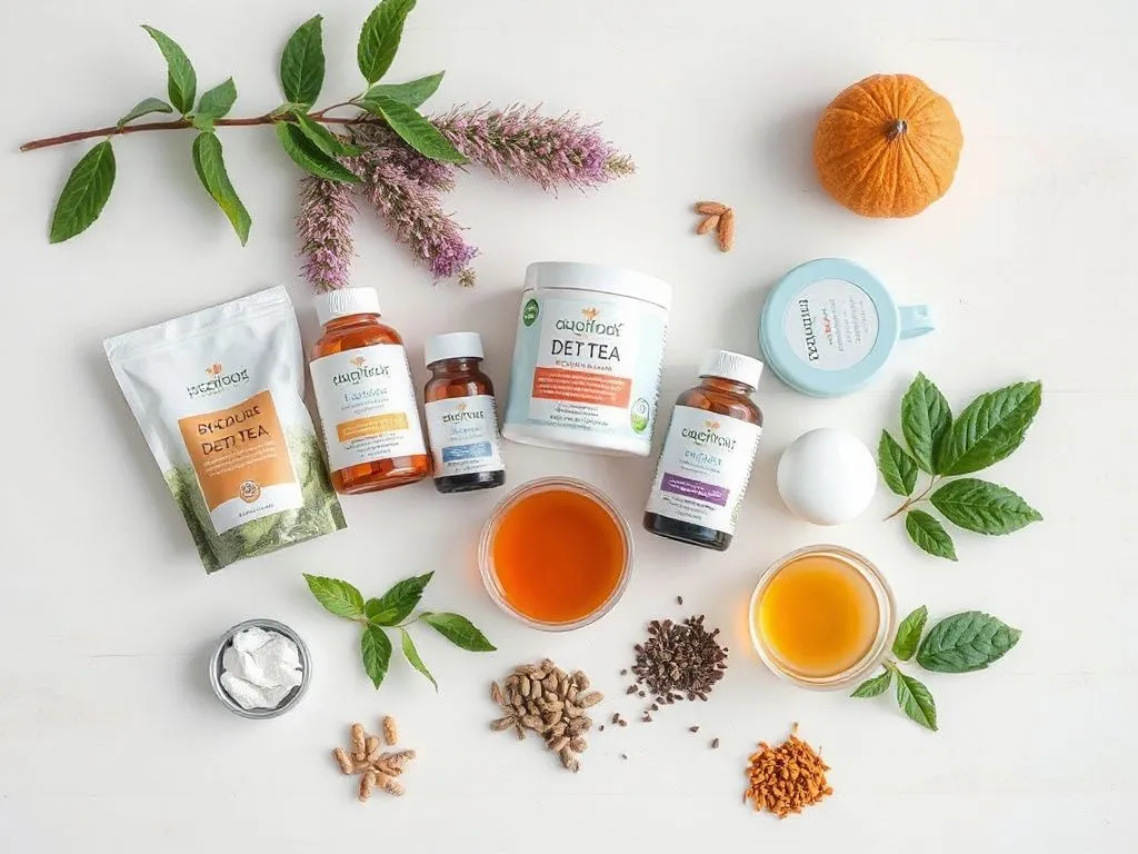 A calming and realistic depiction of natural wellness products, such as detox teas and supplements, arranged elegantly on a clean surface, high quality photography.