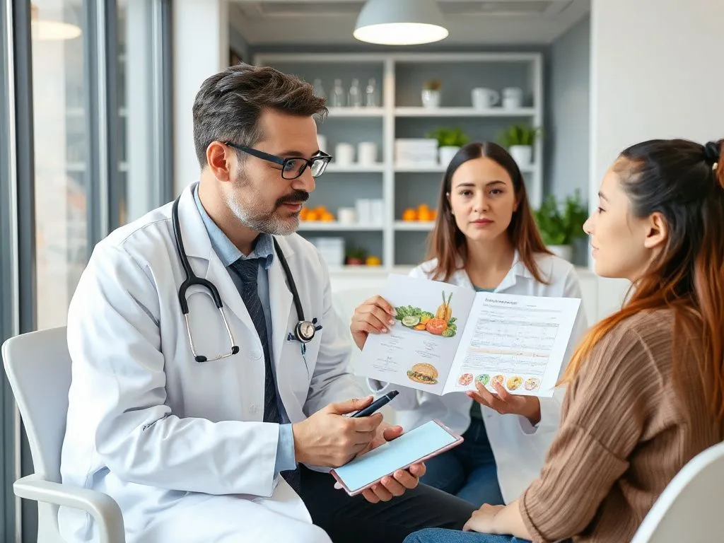 A professional nutritionist consulting in a modern clinic, discussing personalized diet plans with a client, realistic lighting, high quality, balanced compositions.