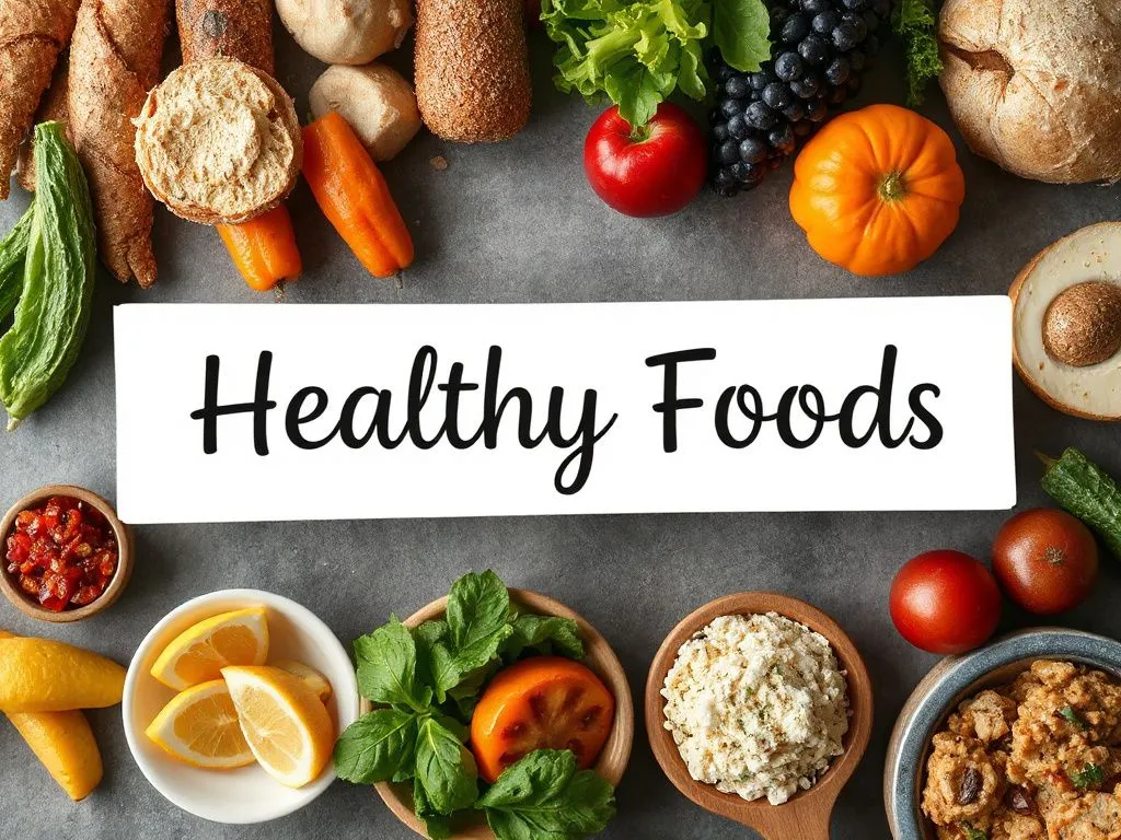 A serene and natural display of healthy food options, with a focus on whole foods, fruits, vegetables, and balanced portions, presented photorealistically.