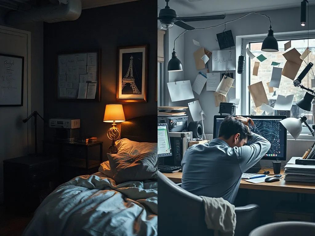 Contrast of relaxed sleeping environment versus stressed chaotic workspace, highlighting effects of stress and sleep, high quality
