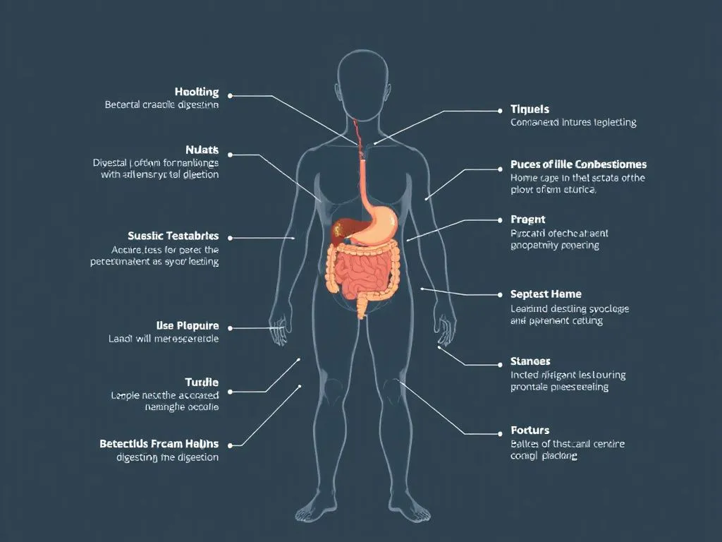 Illustration of human body digestion showing biochemical processes during weight plateau, professional style, informative