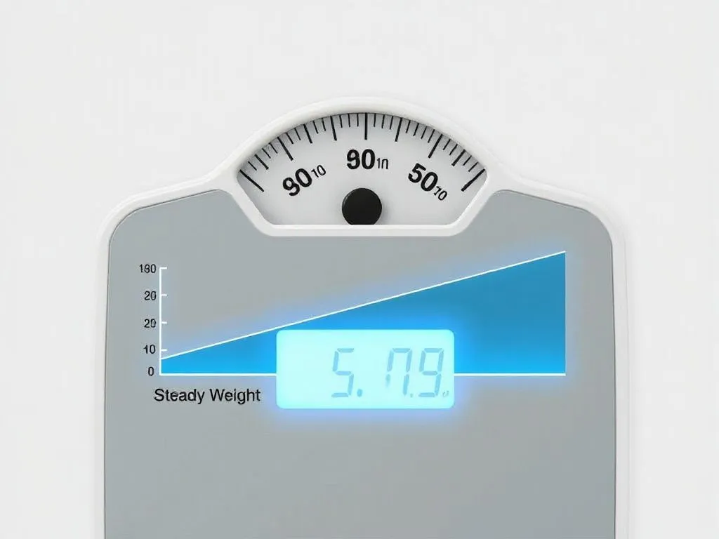 Scale showing steady weight with a linear graph indicating stable weight over time, photorealistic, detailed
