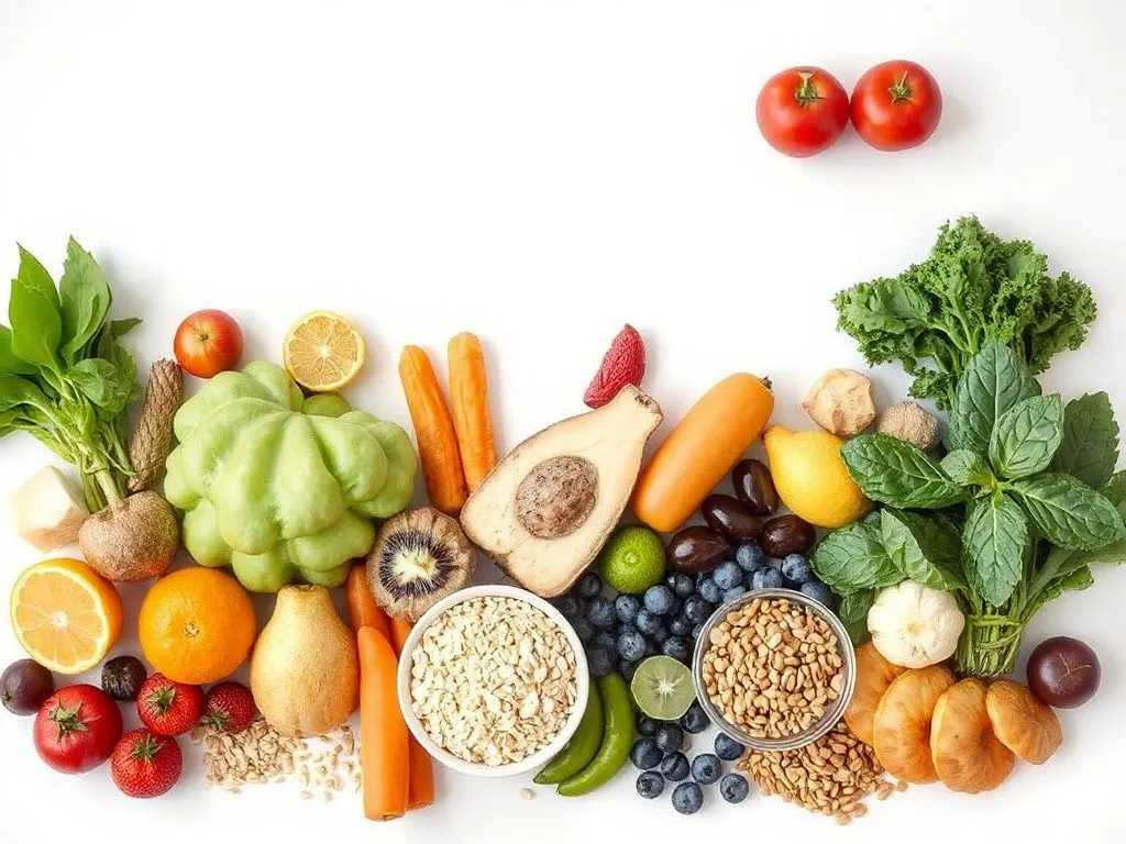 Various high-fiber foods neatly arranged, including fruits, vegetables, and grains, natural lighting, vibrant colors