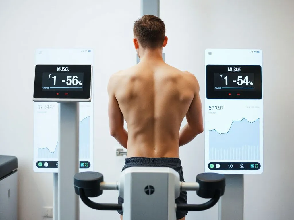 Advanced body composition analyzer showing metrics like body fat percentage and muscle mass, professional and modern equipment, detail-focused Advanced body composition analyzer showing metrics like body fat percentage and muscle mass, professional and modern equipment, detail-focused