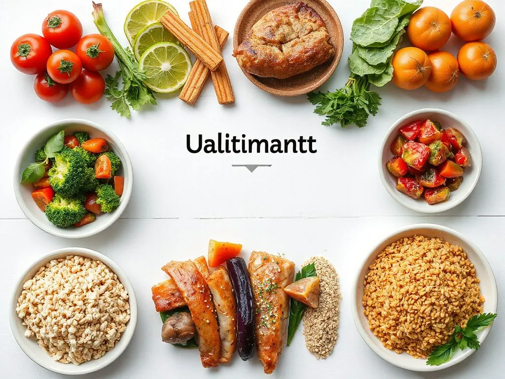 A detailed and balanced meal plan displayed with colorful, fresh ingredients like vegetables, lean proteins, and whole grains, photorealistic, clean background A detailed and balanced meal plan displayed with colorful, fresh ingredients like vegetables, lean proteins, and whole grains, photorealistic, clean background