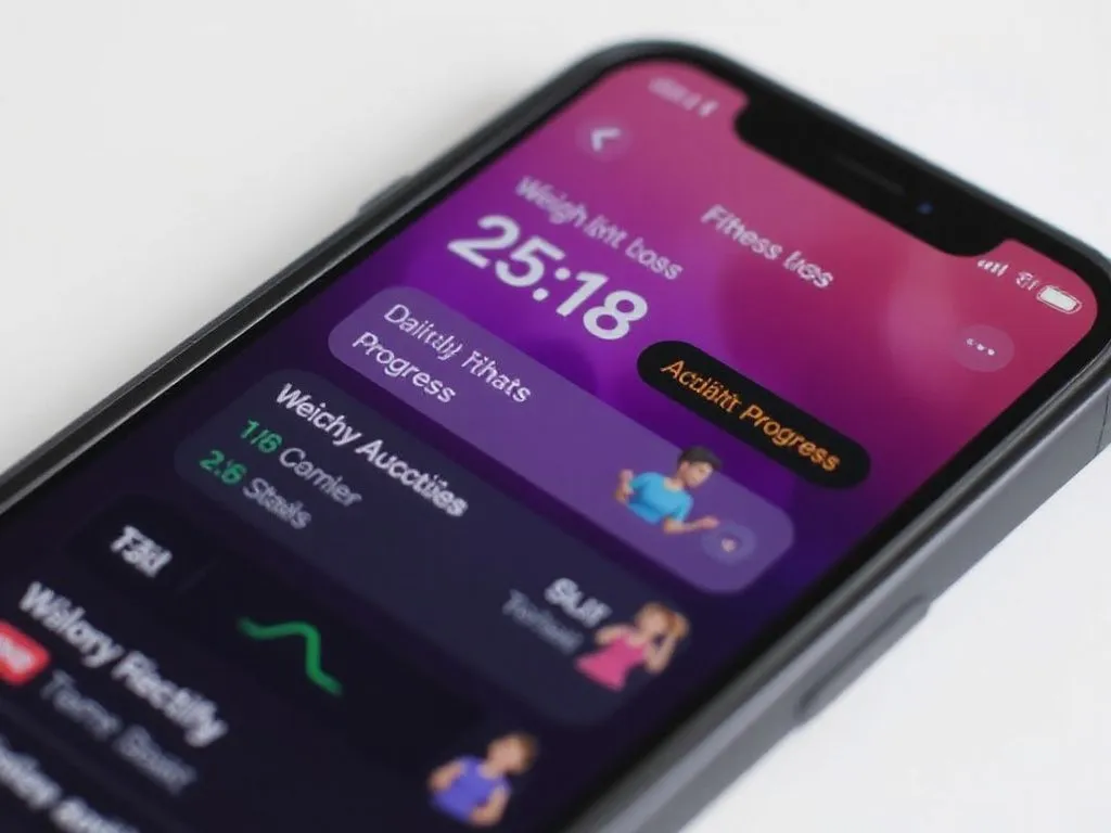 Close-up of a fitness app on a smartphone screen displaying a tracked weight loss progress and daily activity goals, high-quality, digital interface Close-up of a fitness app on a smartphone screen displaying a tracked weight loss progress and daily activity goals, high-quality, digital interface