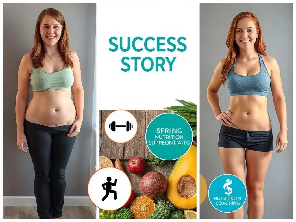 A motivational success story collage, showcasing transformation photos of a woman's weight loss journey alongside supportive fitness and nutrition coaching symbols, photorealistic A motivational success story collage, showcasing transformation photos of a woman's weight loss journey alongside supportive fitness and nutrition coaching symbols, photorealistic