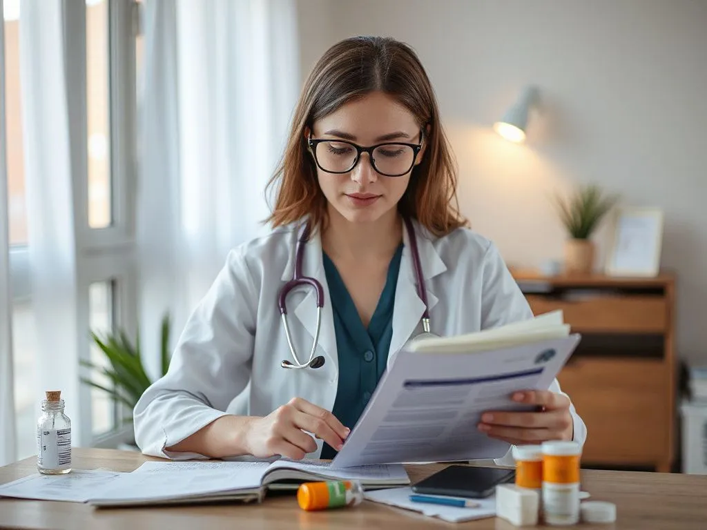 Photorealistic image of a client preparing for a health consultation, gathering medical records and medications, professional lighting