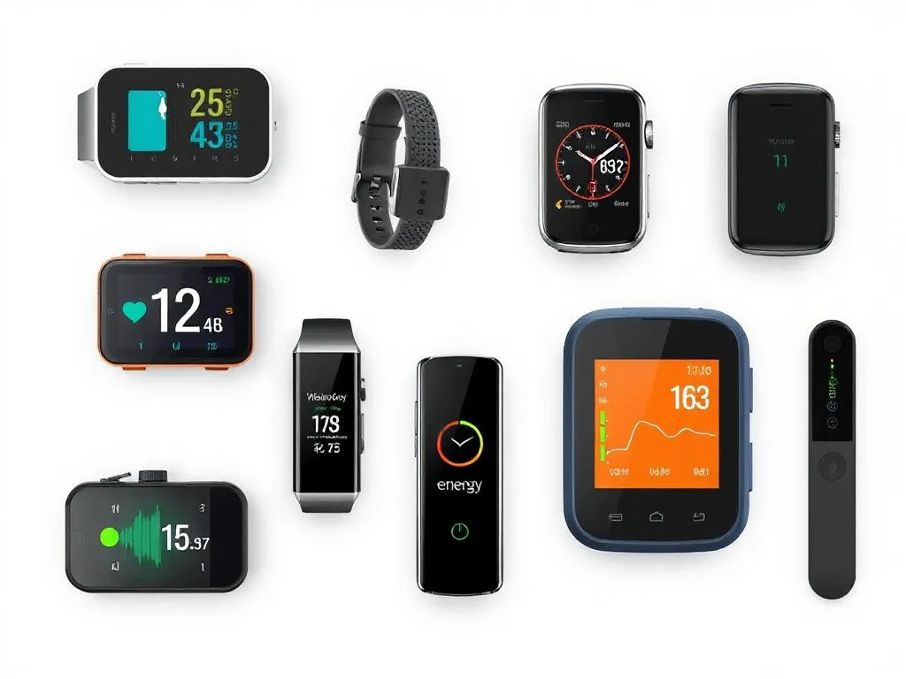 High-quality image of digital tools used in health tracking, such as smart devices monitoring blood pressure, waist circumference, and energy levels, clean background