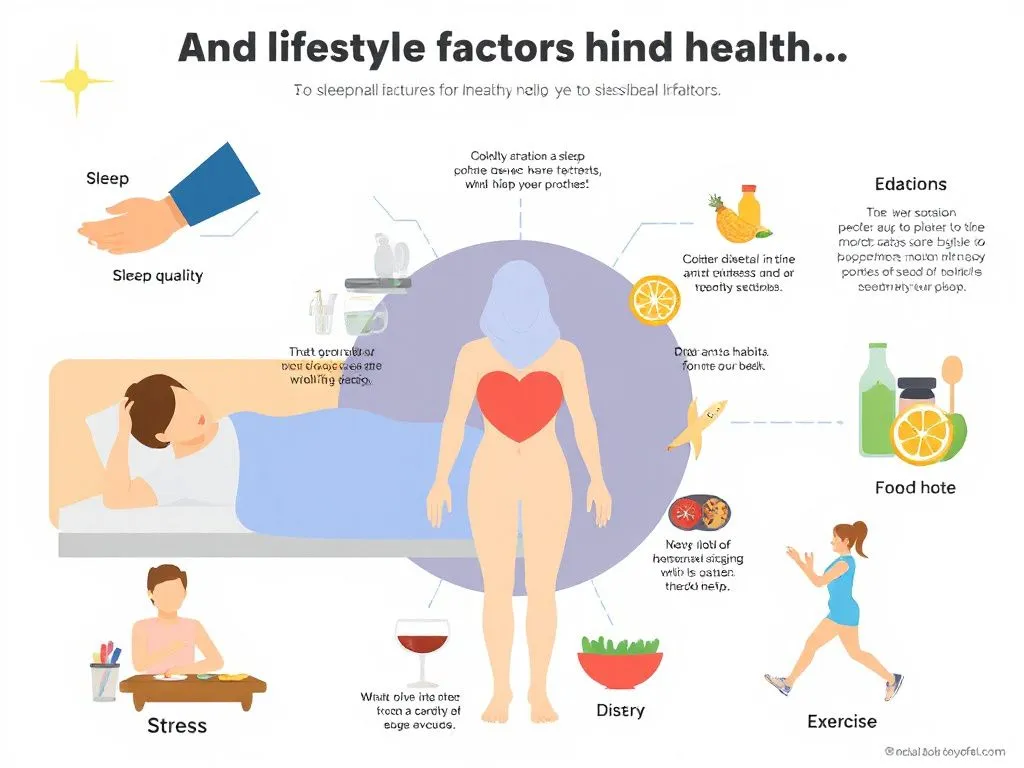 Detailed illustration of lifestyle factors affecting health, such as sleep quality, stress levels, dietary habits, and exercise, modern infographic style