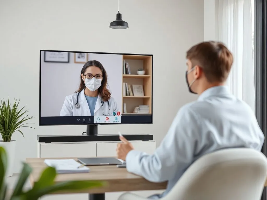 Photorealistic setting of a virtual health consultation, with a health professional and client interacting via video call, natural lighting