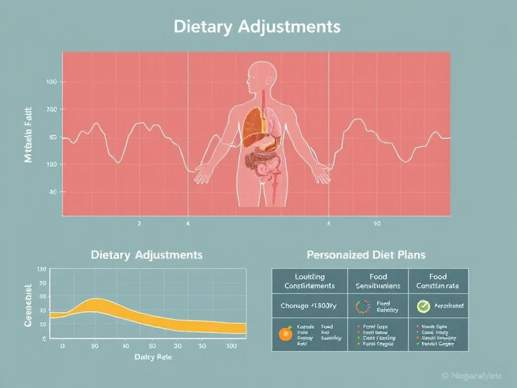 Visualization of metabolic rate and dietary adjustments, including charts showing different food sensitivities and personalized diet plans, high quality