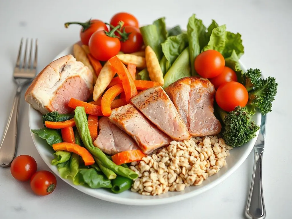 Balanced meal setting made with fresh vegetables, lean proteins, and wholesome grains, photorealistic, high quality, professional lighting Balanced meal setting made with fresh vegetables, lean proteins, and wholesome grains, photorealistic, high quality, professional lighting