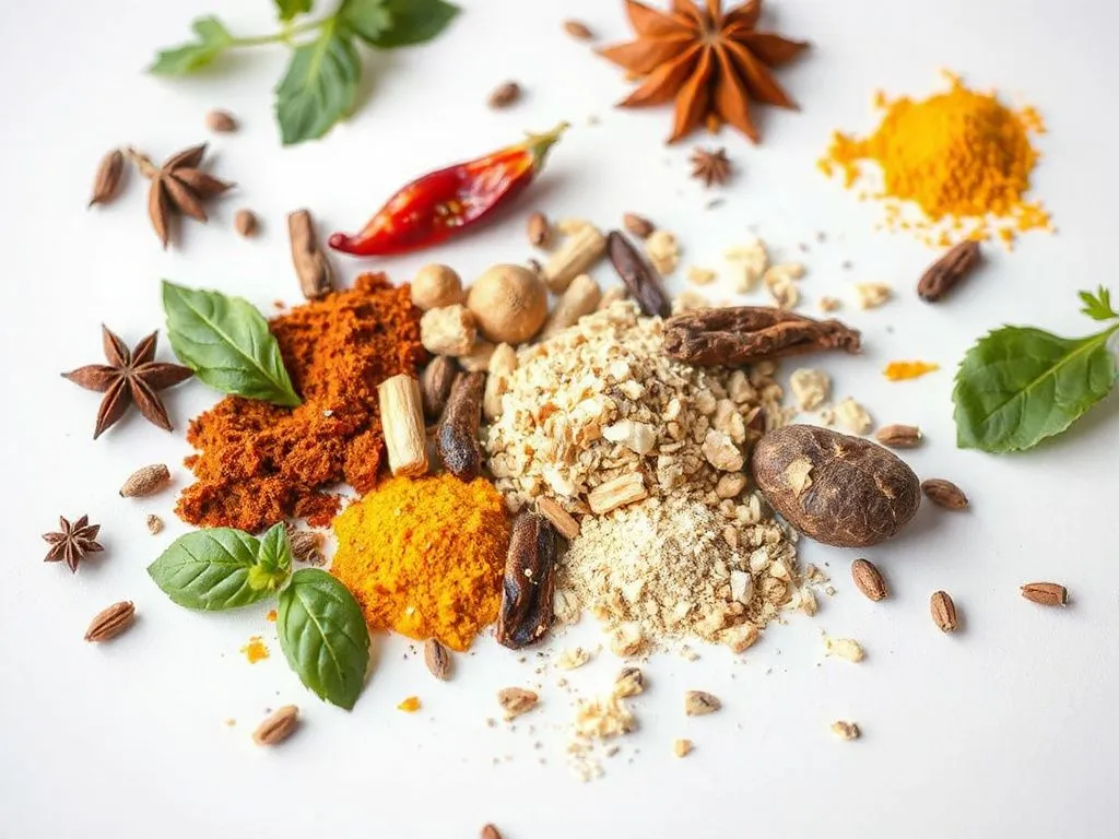 Colorful array of natural herbs and spices used for weight loss, photorealistic, detailed, professional lighting, clean background Colorful array of natural herbs and spices used for weight loss, photorealistic, detailed, professional lighting, clean background
