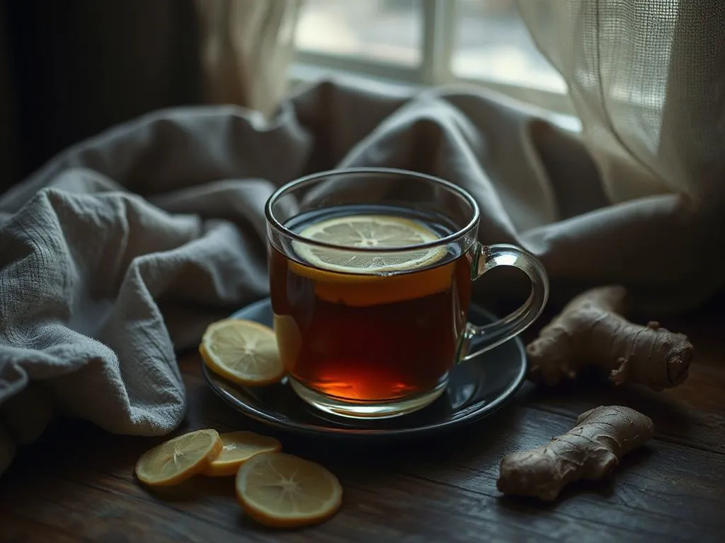 Moody, cozy setting of a cup of ginger tea with fresh ginger slices, photorealistic, high quality, natural lighting, professional photography Moody, cozy setting of a cup of ginger tea with fresh ginger slices, photorealistic, high quality, natural lighting, professional photography