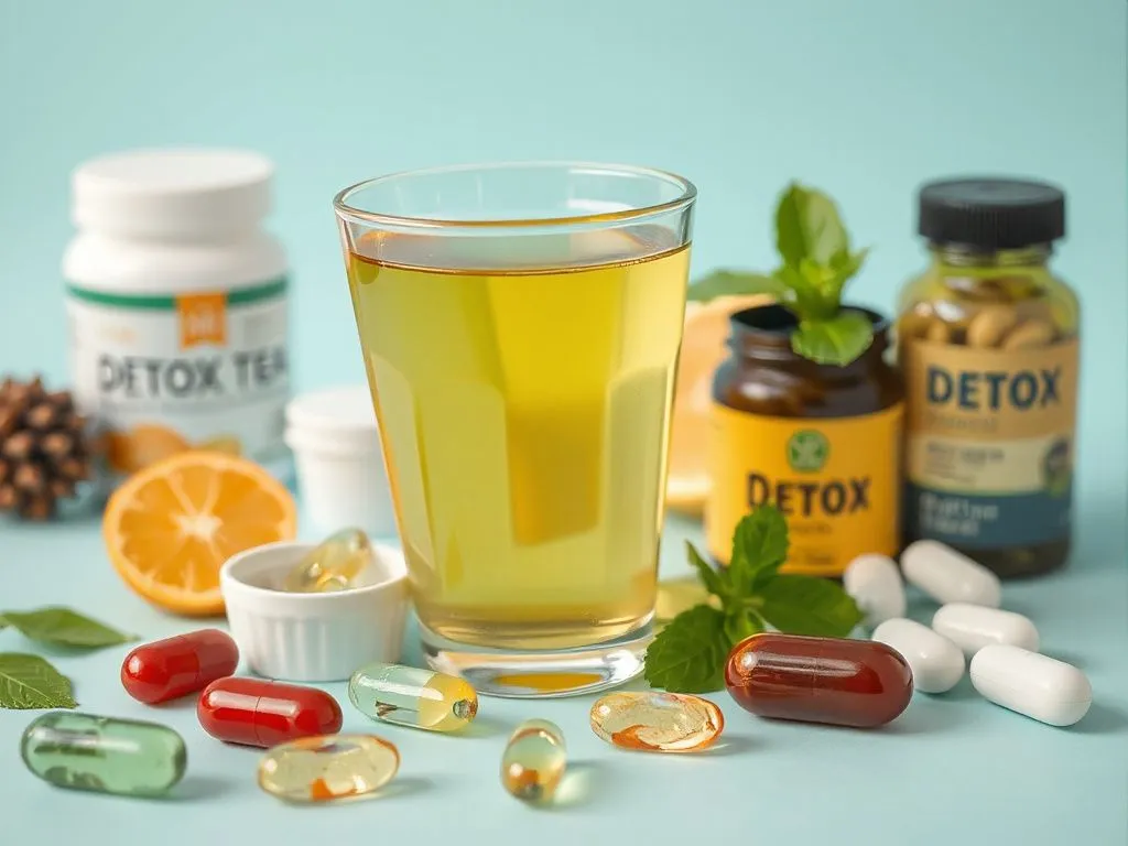 Image of various modern weight-loss supplements such as detox tea and capsules, photorealistic, high quality, professional lighting Image of various modern weight-loss supplements such as detox tea and capsules, photorealistic, high quality, professional lighting