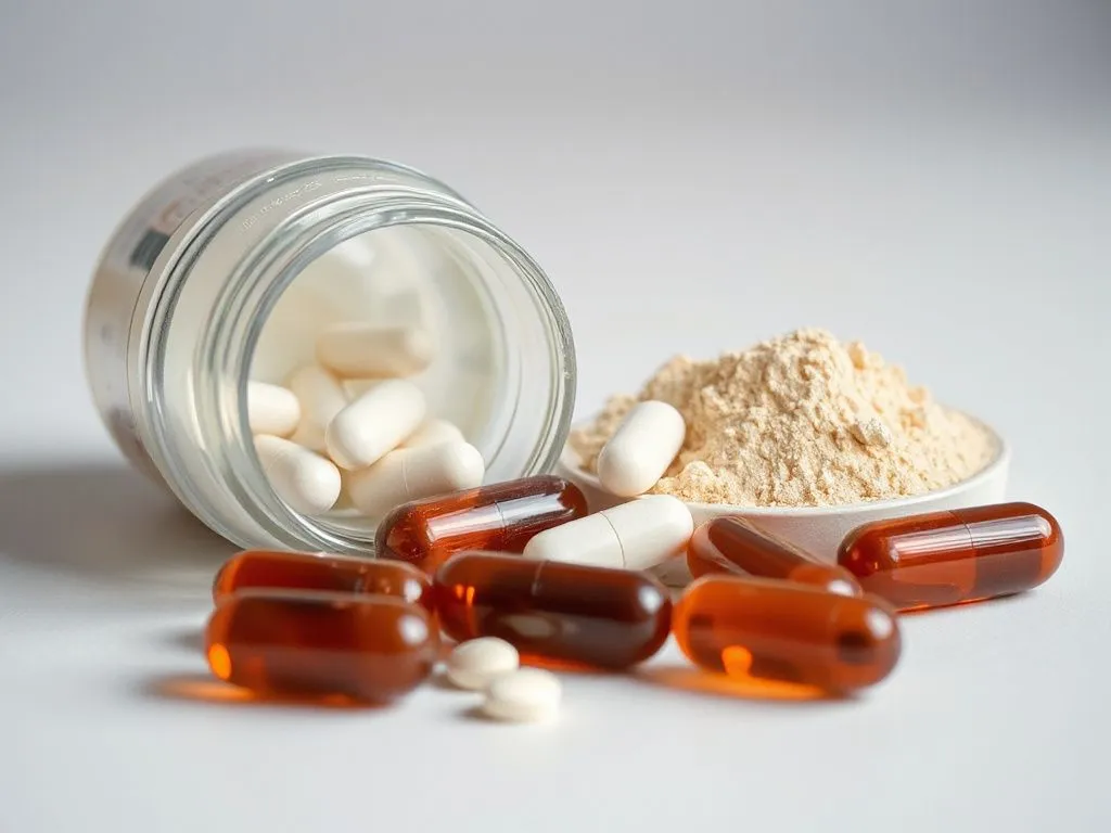 Close-up of collagen supplements in powder and capsule forms, showing daily routine incorporation, minimalistic, clean background, professional lighting.