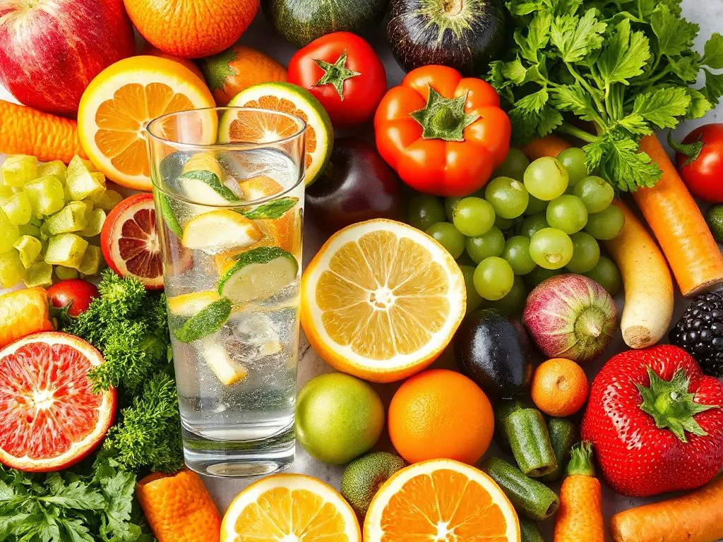 Colorful array of fresh fruits and vegetables rich in Vitamin C and E, alongside glass of water infused with electrolytes, showing balanced nutrition, vibrant colors, high resolution.