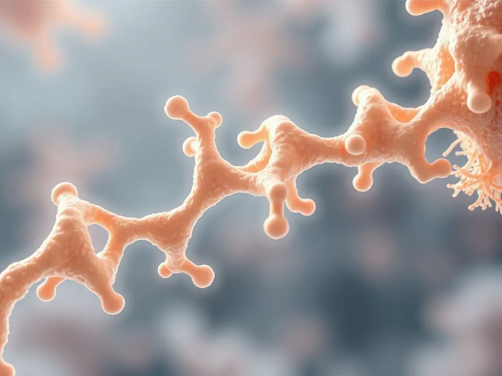 Visual of molecular structure of collagen peptides being converted into skin fibers, scientific illustration style, detailed, clean design.