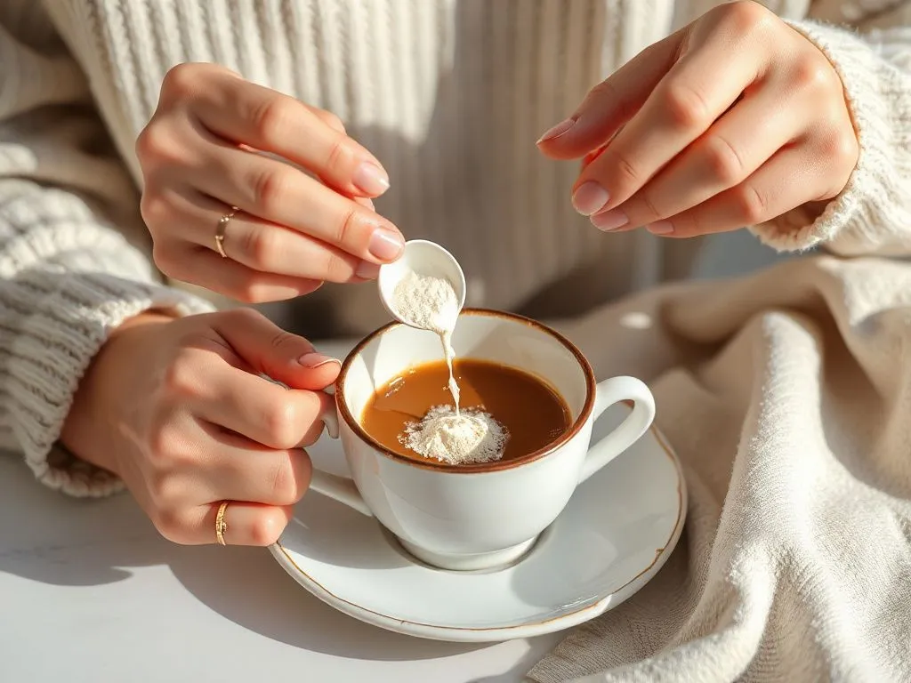 Person stirring collagen powder into coffee or a warm drink, illustrating regular use of collagen supplements. Bright, inviting scene with a focus on everyday wellness and skincare practices.
