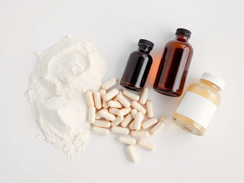 Image showcasing different forms of collagen supplements: powders, capsules, and liquids, laid out on a clean surface. Detailed and modern layout, emphasizing variety in collagen choices.