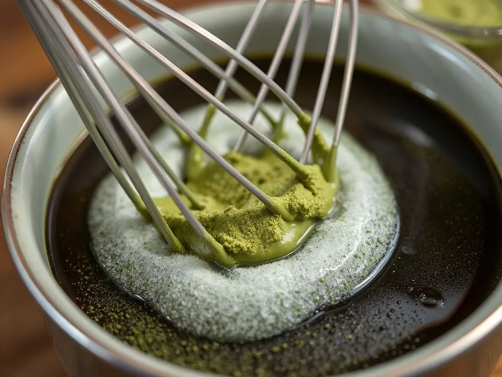 A close-up of Matcha powder being whisked with frothy texture. Detailed, professional photography, highlighting the traditional preparation process