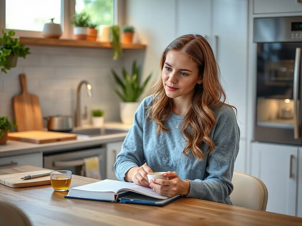 A modern kitchen setting with a wellness enthusiast journaling progress with a cup of green tea, photorealistic, vibrant lighting, emphasizing wellness journey
