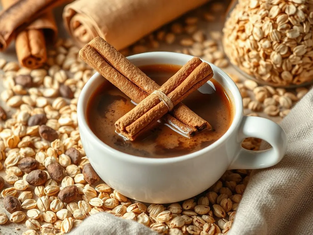 Cinnamon in coffee and oats, cozy setting, detailed texture, warm lighting, photorealistic