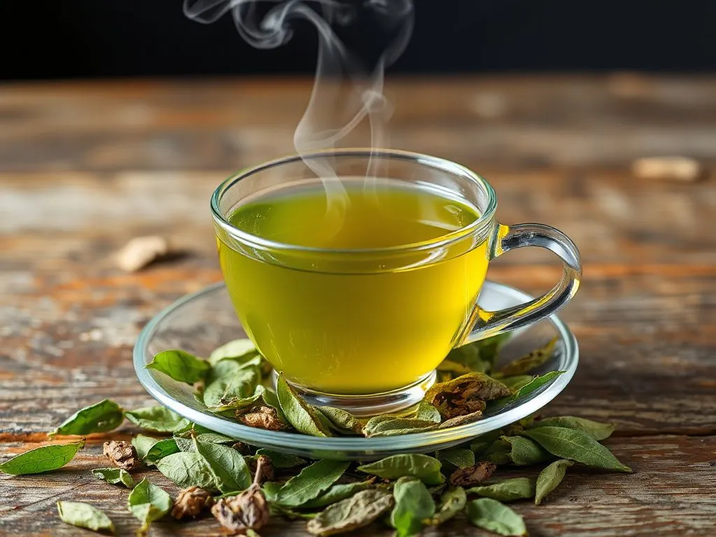 A cup of green tea with fresh tea leaves beside it, steam rising from the cup, photorealistic, detailed texture, natural lighting