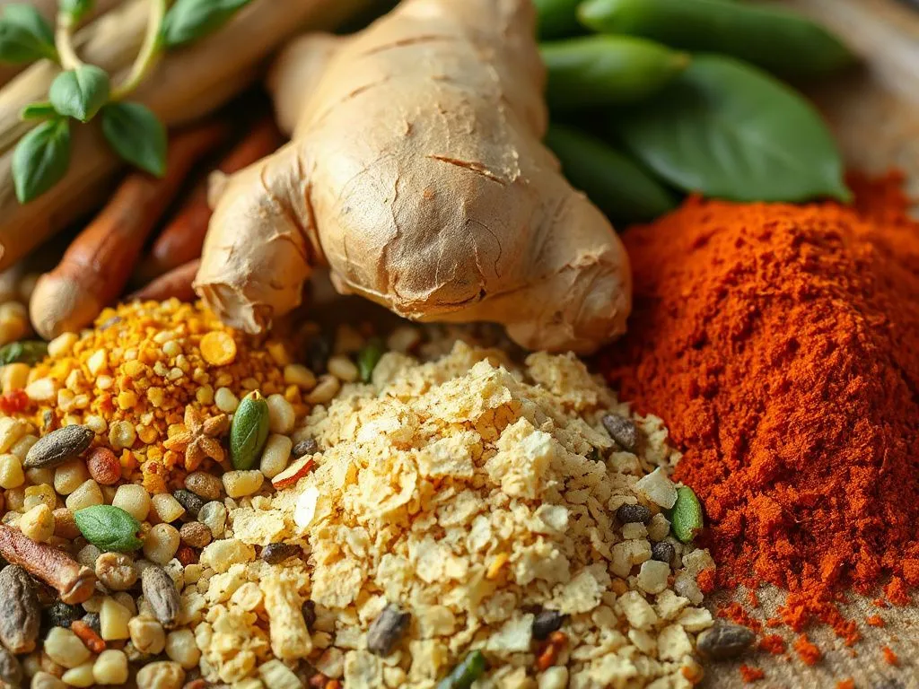 Fresh and ground ginger with various spices, ginger root in foreground, vibrant colors, photorealistic, high quality