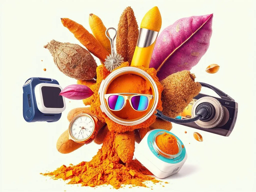 Artistic rendering of a fusion between herbal elements like turmeric and advanced tech gadgets, reflecting modern health strategies, colorful and conceptual