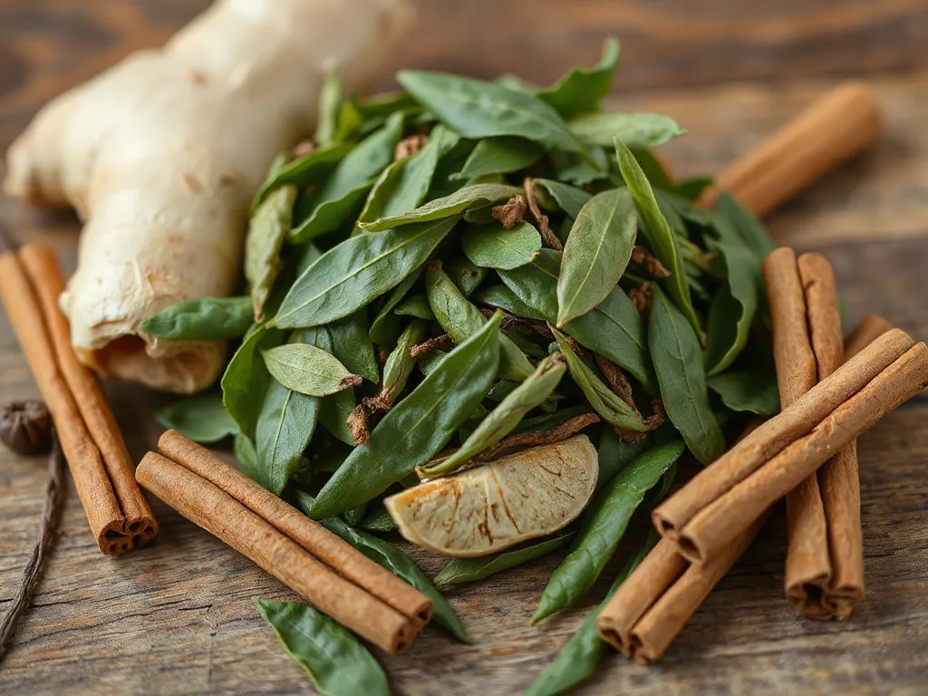 Close-up of green tea leaves and ginger root on a wooden table, surrounded by cinnamon sticks, photorealistic and detailed, natural lighting