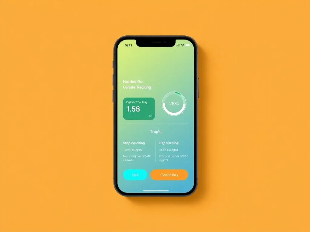 Professional styled photo of a digital health app interface showing calorie tracking and step counting features, vibrant and modern, clean background