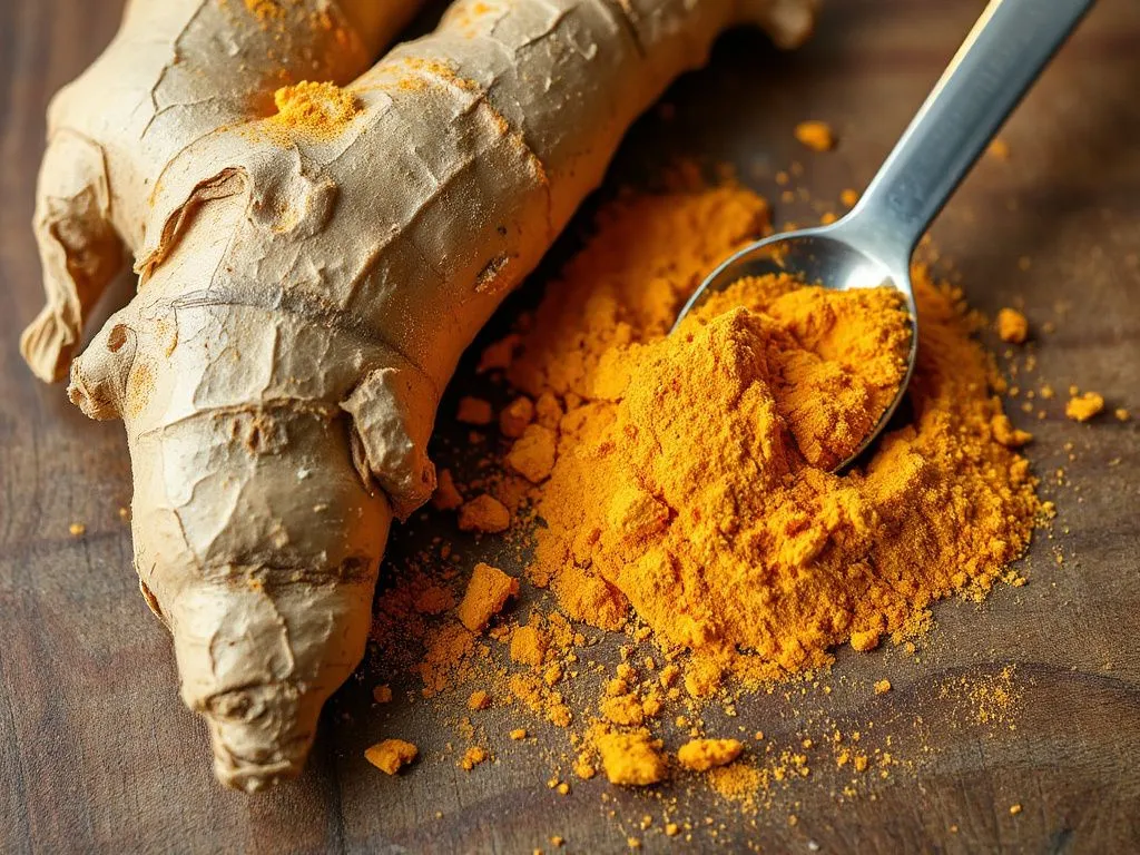 Detailed view of ginger root and powder with measuring spoon, professional photography, warm earthy colors