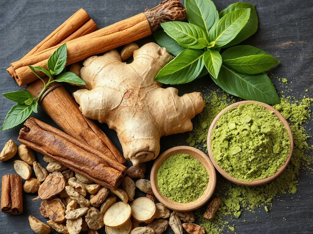 Collection of natural herbs such as cinnamon sticks, ginger roots, green tea leaves, and matcha powder, arranged aesthetically, photorealistic, high quality